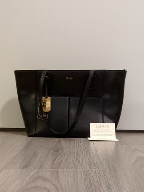 Lauren Ralph Lauren Newbury Pocket Shopper Black Leather Tote with Gold Hardware